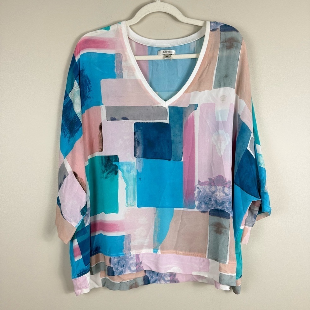 Tyler Boe Silk Shirt Women Medium Blue Purple White Top V-Neck Blouse Watercolor